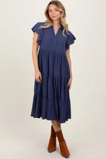 PinkBlush Navy Blue Ruffle Sleeve V - Neck Tiered Midi Dress - 