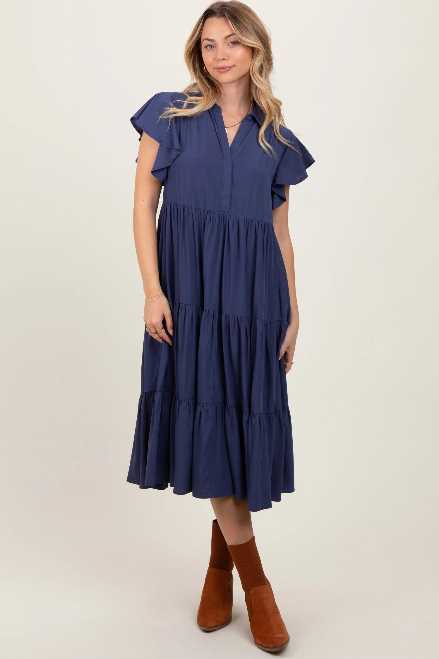 PinkBlush Navy Blue Ruffle Sleeve V - Neck Tiered Midi Dress - 