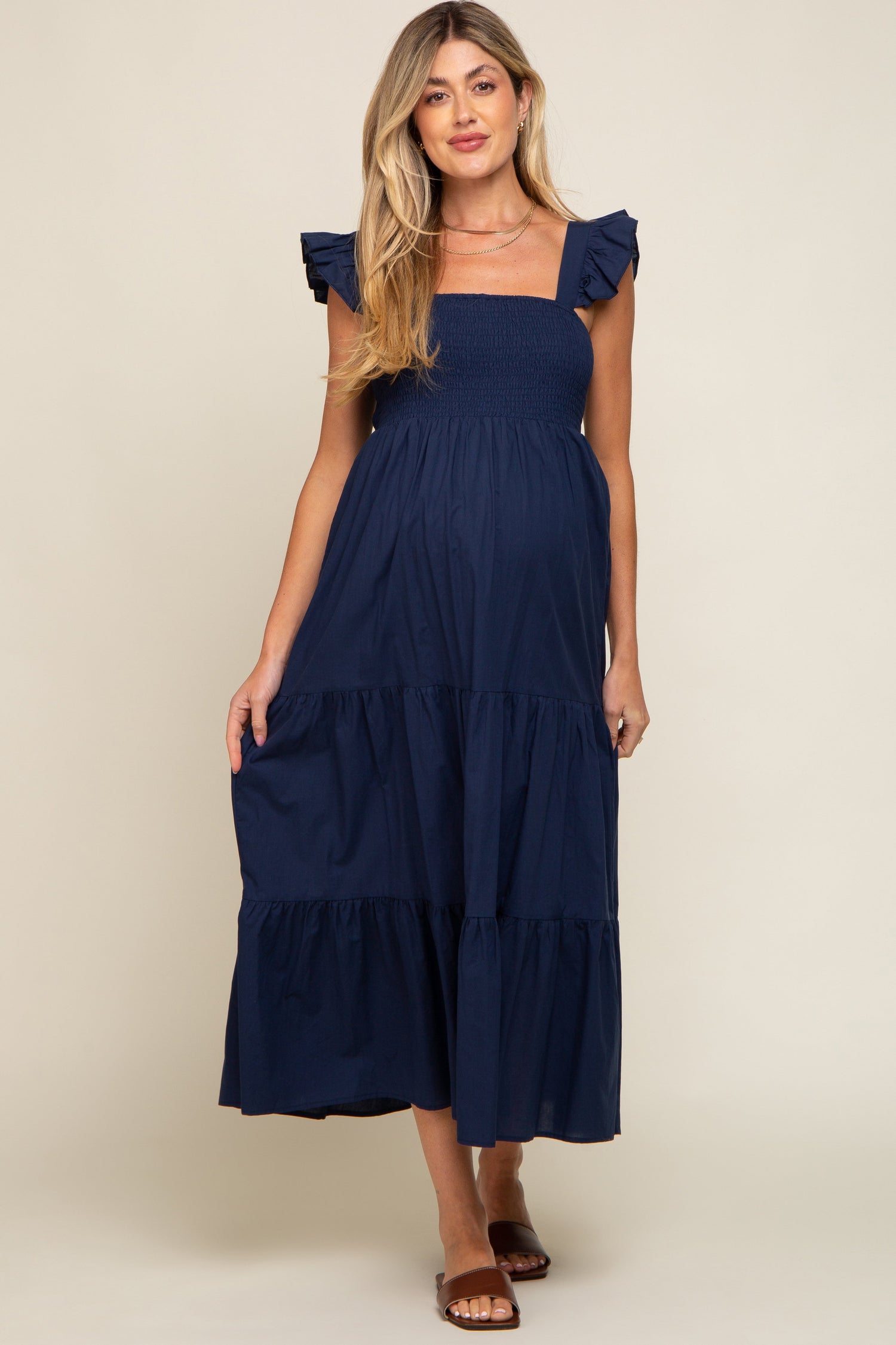 Navy Blue Sleeveless Tiered Maternity Maxi Dress - Day Dress, One-piece garment, Cocktail dress, Person, Dress | Everetts Place