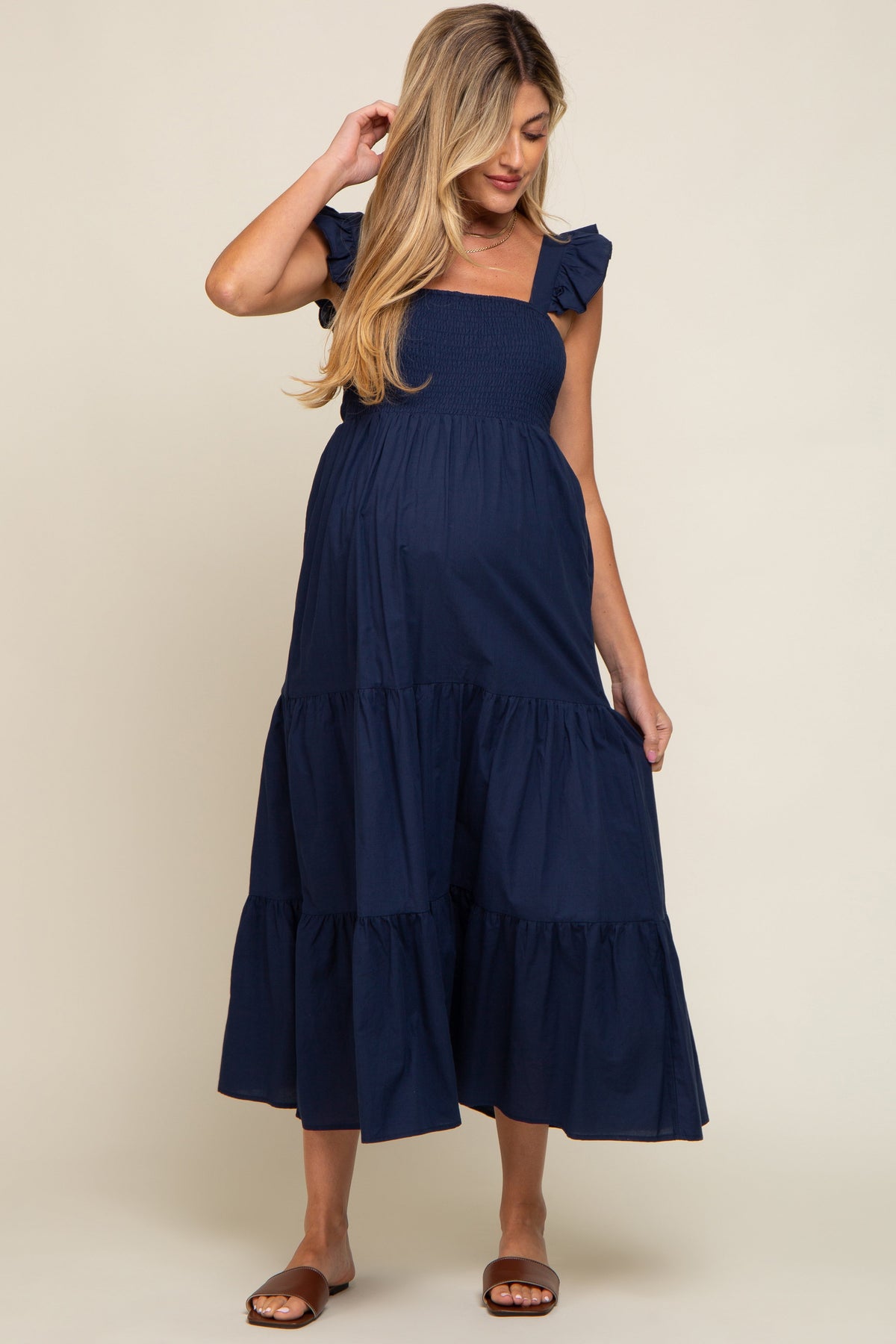 PinkBlush Navy Blue Sleeveless Tiered Maternity Maxi Dress Everetts Place
