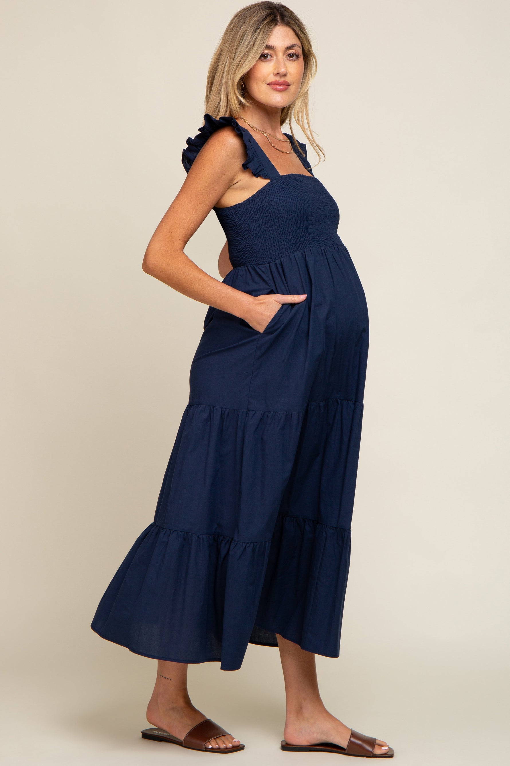 PinkBlush Navy Blue Sleeveless Tiered Maternity Maxi Dress Everetts Place