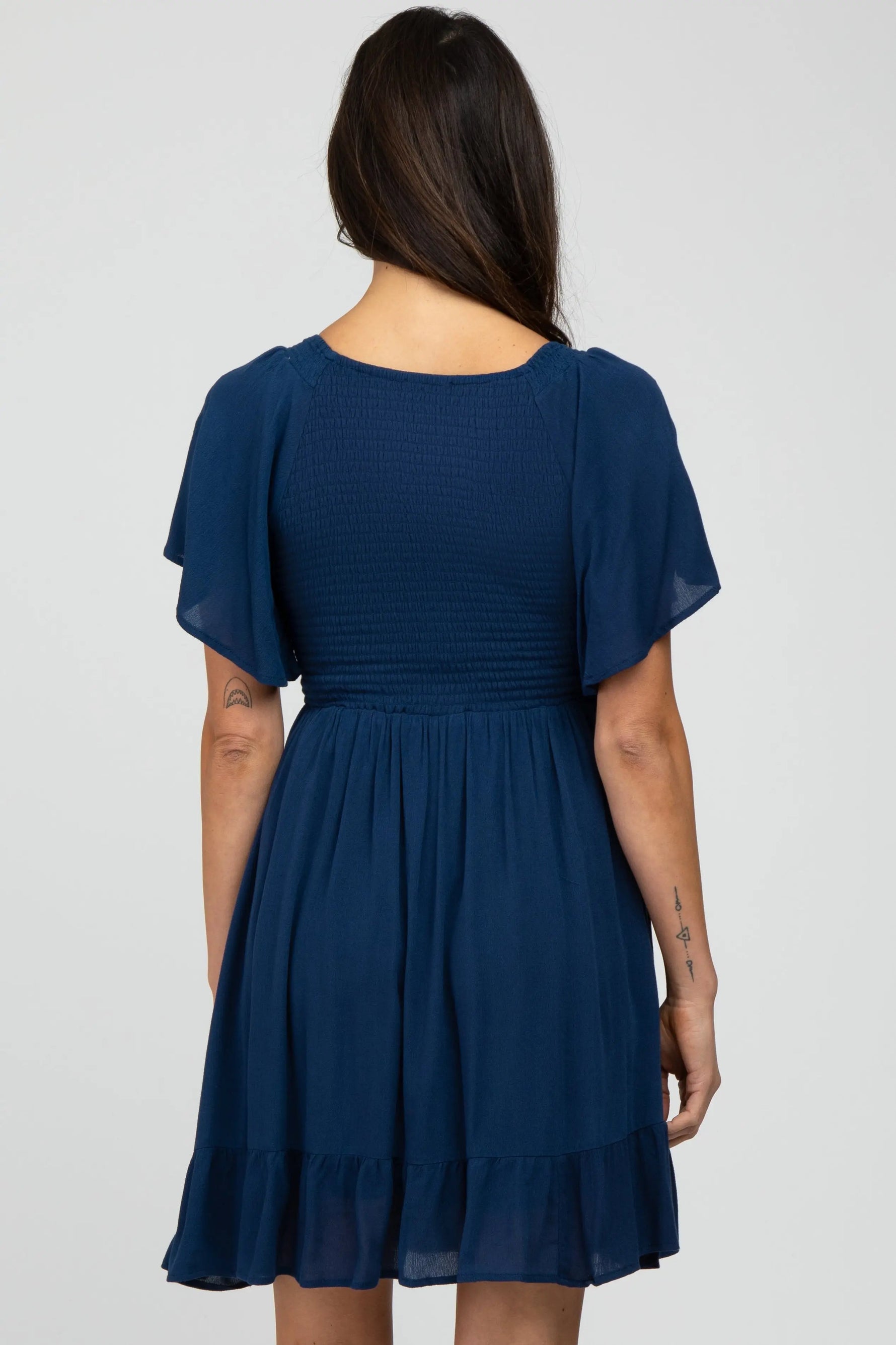 PinkBlush Navy Blue Smocked Front Ruffle Hem Dress - 