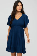PinkBlush Navy Blue Smocked Front Ruffle Hem Dress - 