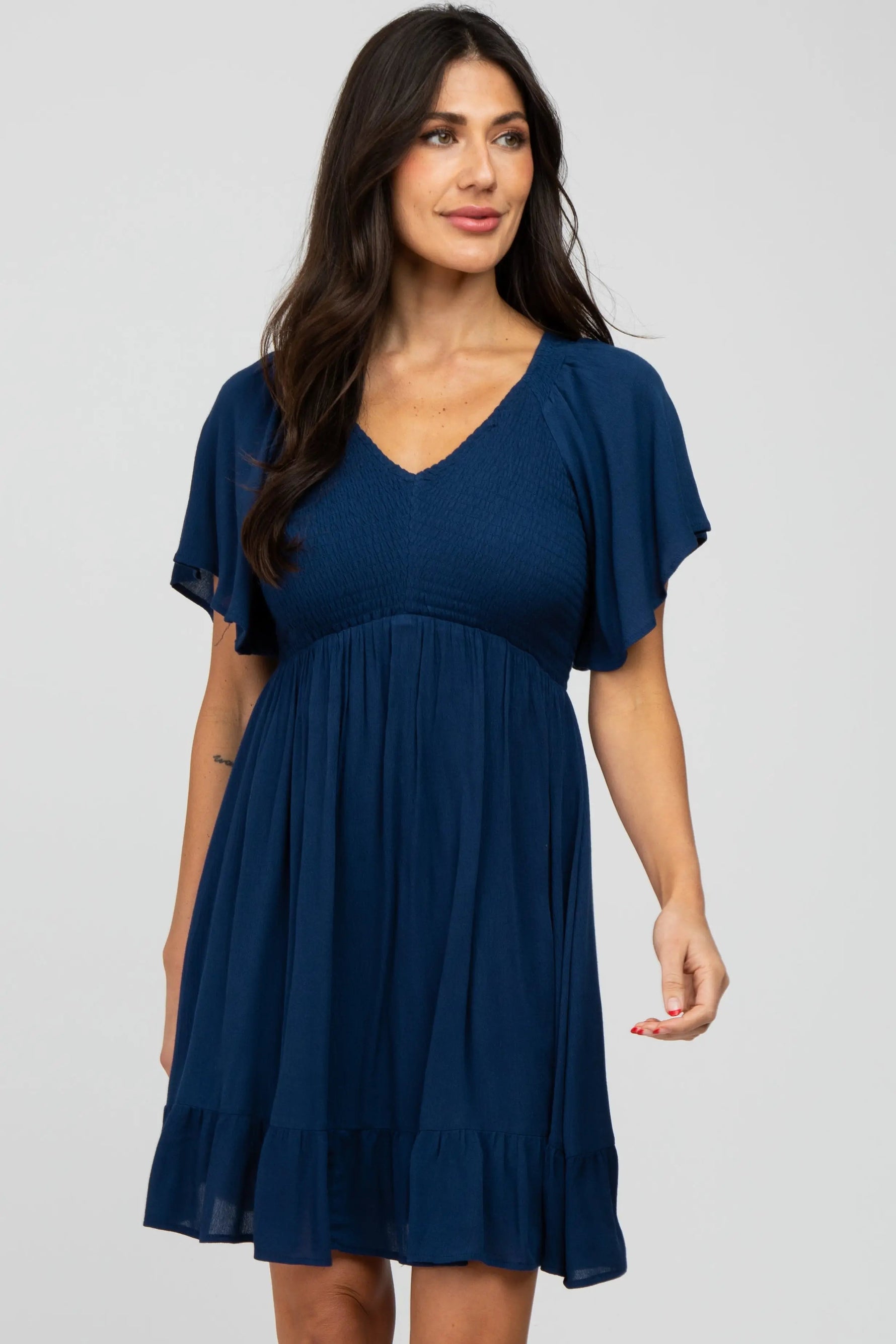PinkBlush Navy Blue Smocked Front Ruffle Hem Dress - 