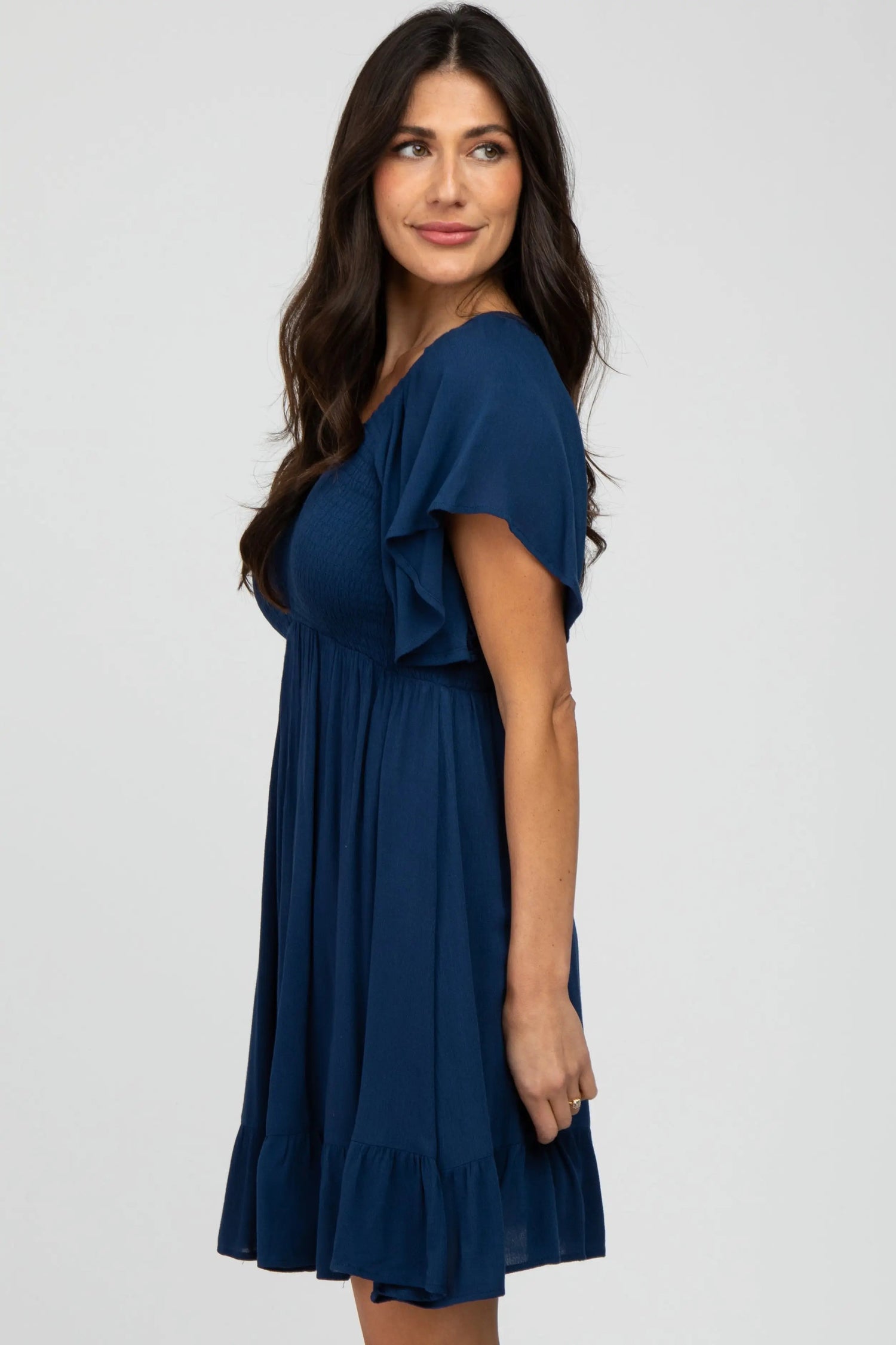 PinkBlush Navy Blue Smocked Front Ruffle Hem Dress - 