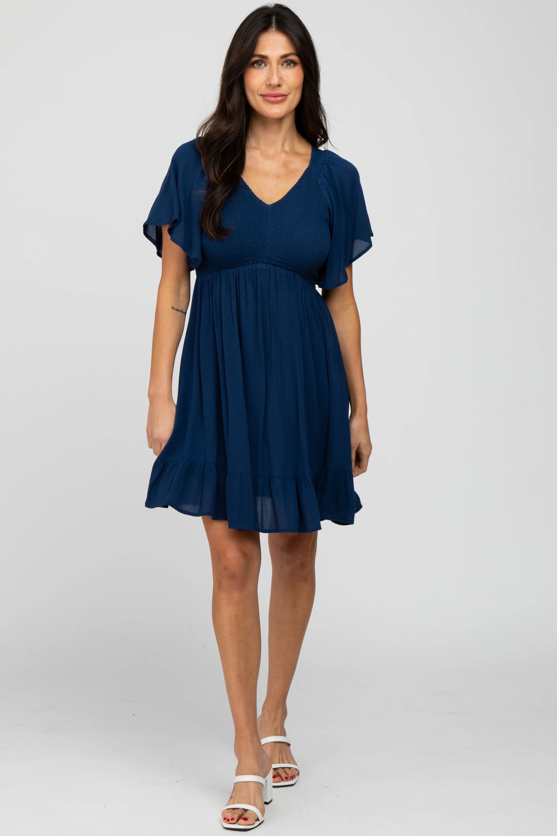 Navy Blue Smocked Front Ruffle Hem Dress - Person, Dress, Sandal, Shoe, High heels | Everetts Place