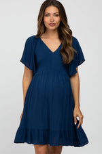 PinkBlush Navy Blue Smocked Front Ruffle Hem Maternity Dress - 