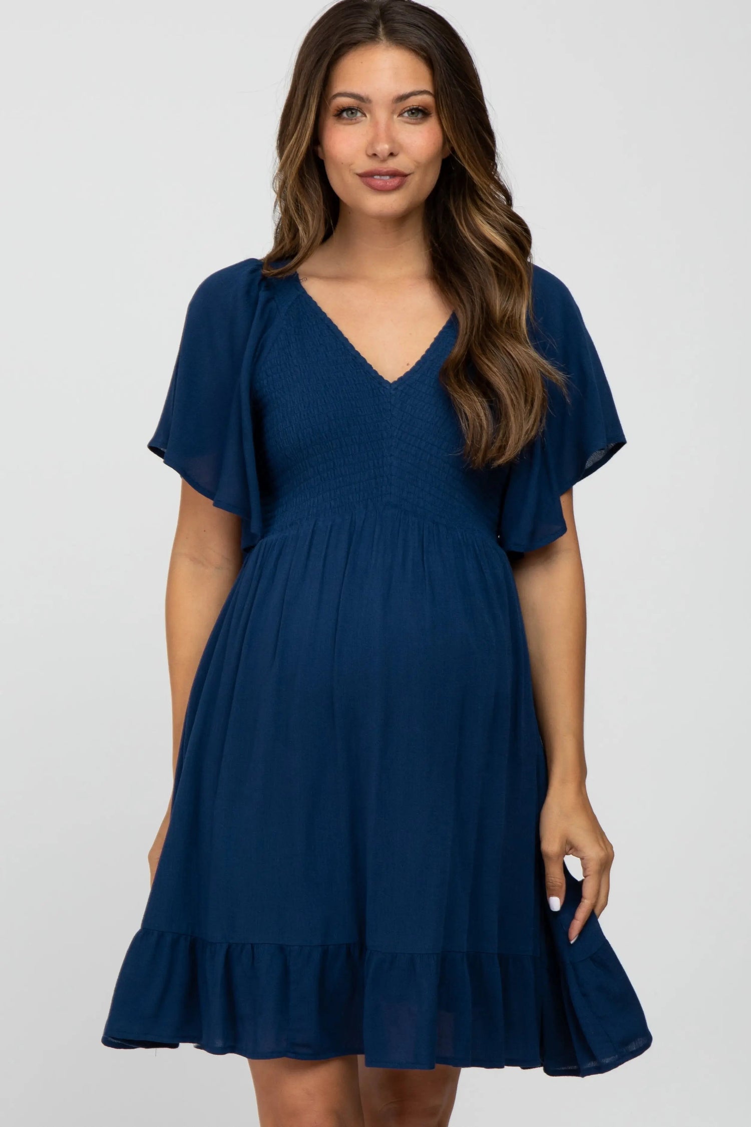 PinkBlush Navy Blue Smocked Front Ruffle Hem Maternity Dress - 