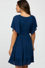 PinkBlush Navy Blue Smocked Front Ruffle Hem Maternity Dress - 