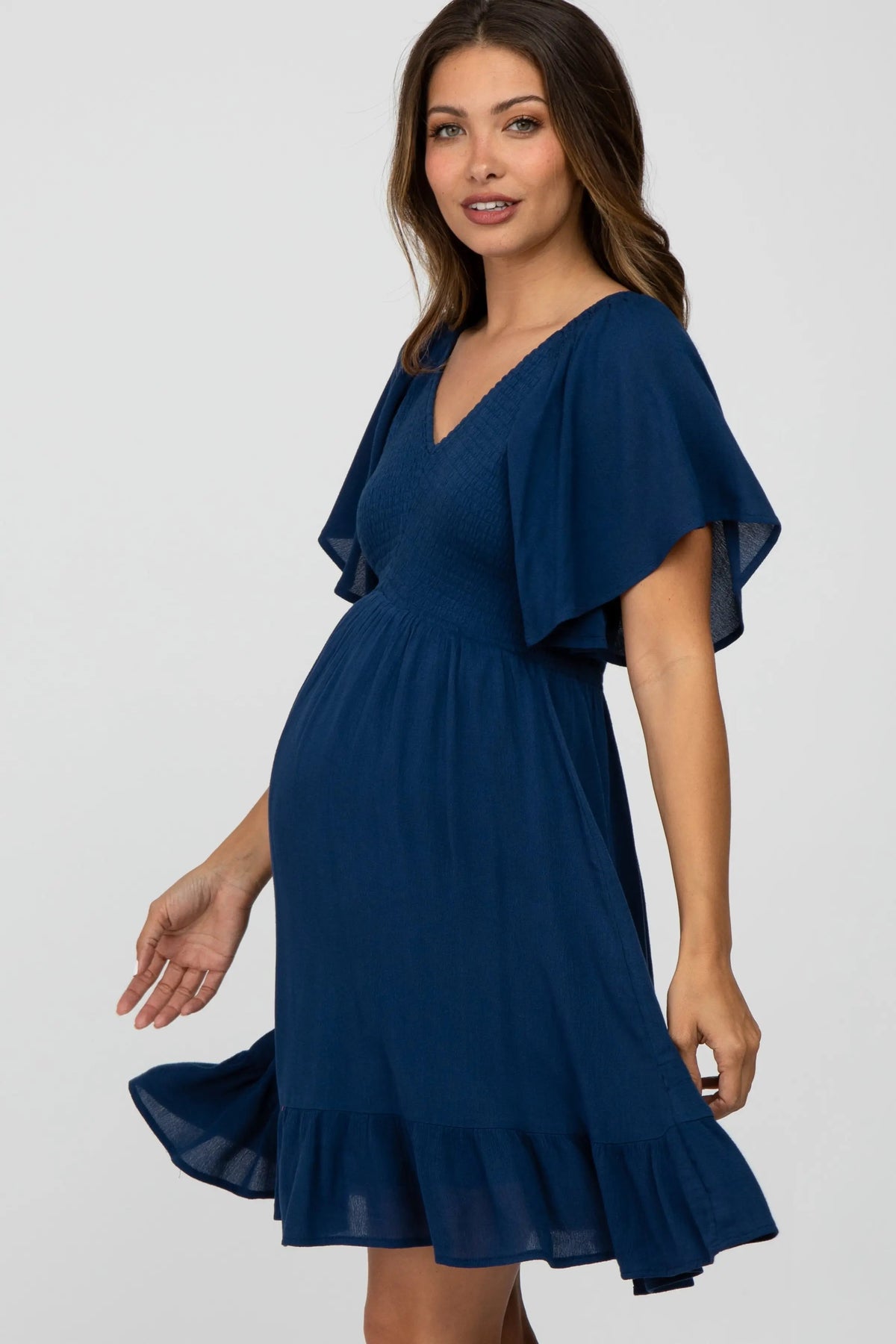 PinkBlush Navy Blue Smocked Front Ruffle Hem Maternity Dress - 