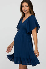PinkBlush Navy Blue Smocked Front Ruffle Hem Maternity Dress - 