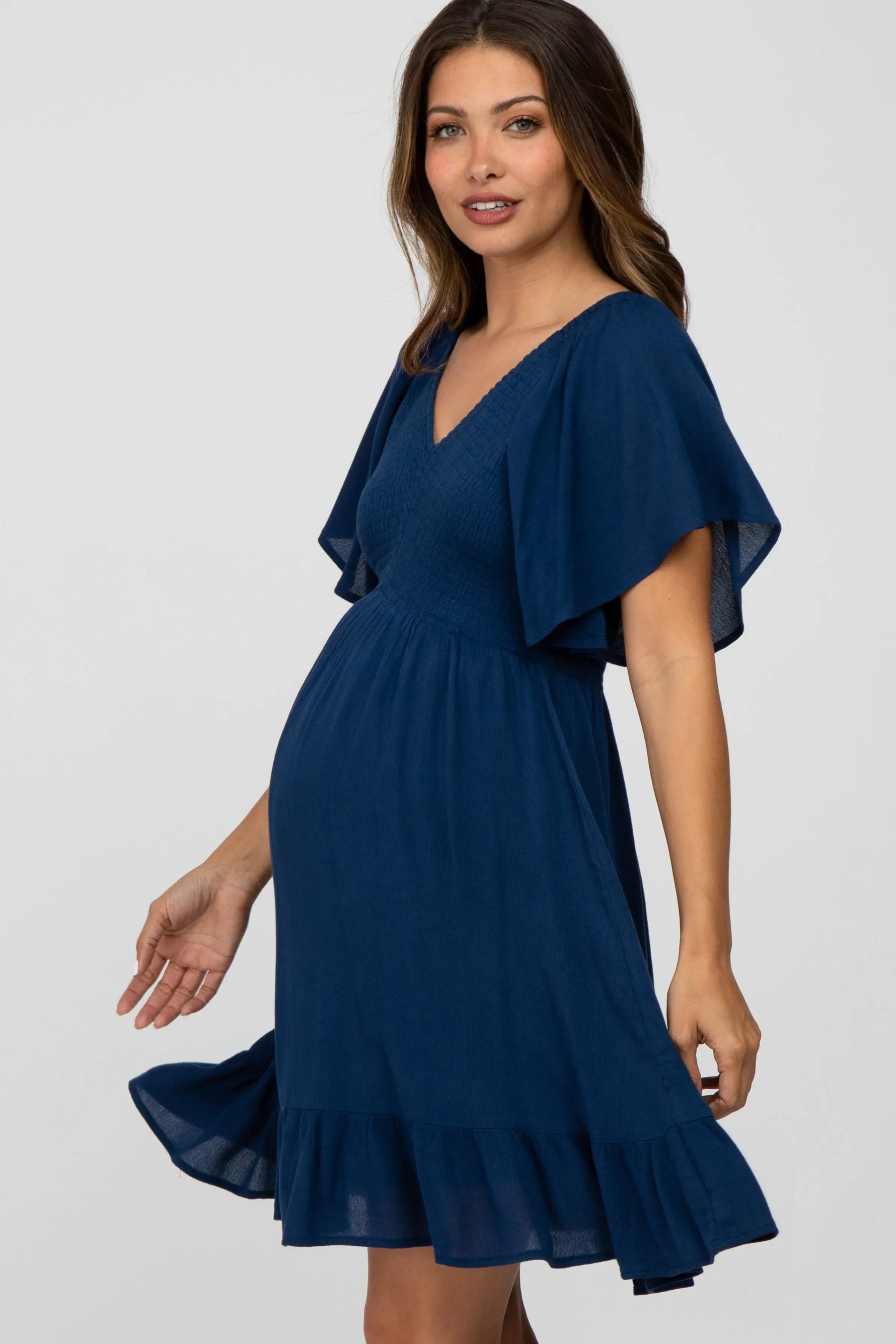 PinkBlush Navy Blue Smocked Front Ruffle Hem Maternity Dress - 