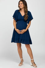 PinkBlush Navy Blue Smocked Front Ruffle Hem Maternity Dress - 