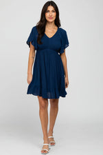 PinkBlush Navy Blue Smocked Front Ruffle Hem Maternity Dress - 