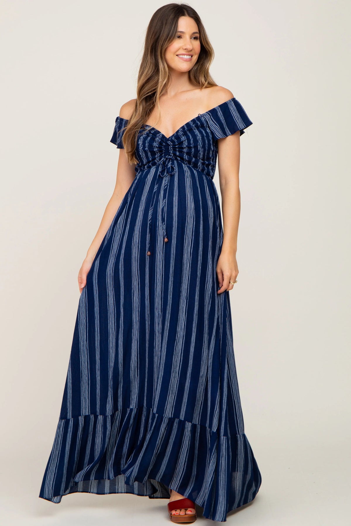 PinkBlush Navy Blue Striped Off Shoulder Front Tie Maternity Maxi Dress - 