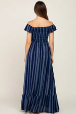 PinkBlush Navy Blue Striped Off Shoulder Front Tie Maternity Maxi Dress - 