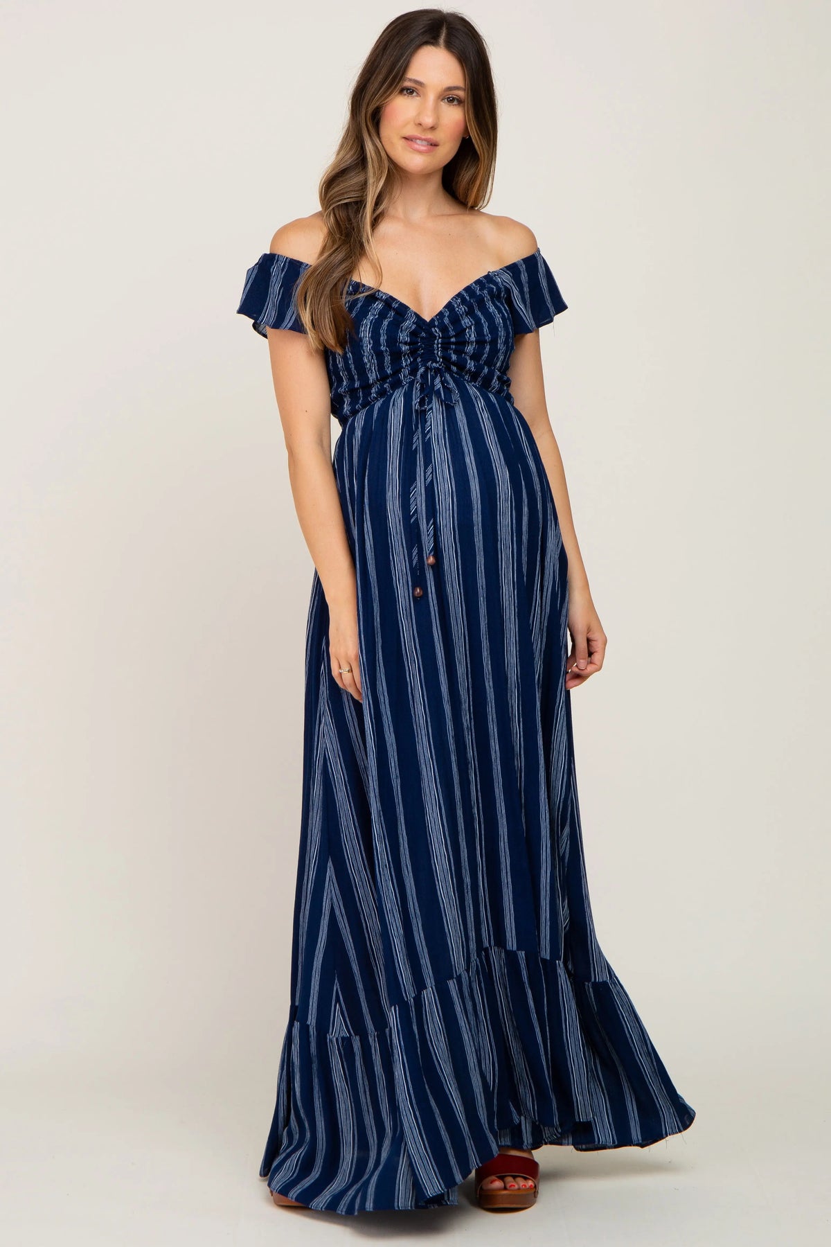 PinkBlush Navy Blue Striped Off Shoulder Front Tie Maternity Maxi Dress - 