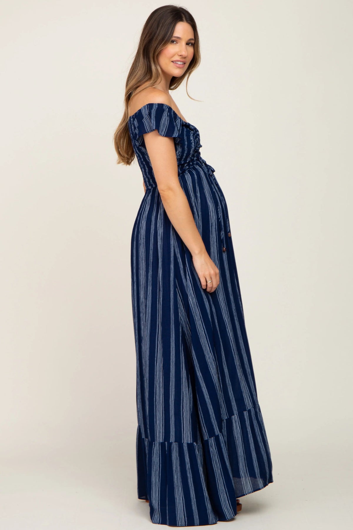 PinkBlush Navy Blue Striped Off Shoulder Front Tie Maternity Maxi Dress - 