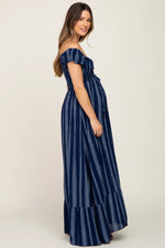 PinkBlush Navy Blue Striped Off Shoulder Front Tie Maternity Maxi Dress - 