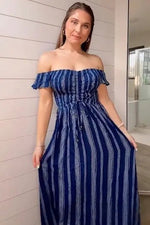 PinkBlush Navy Blue Striped Off Shoulder Front Tie Maxi Dress - 
