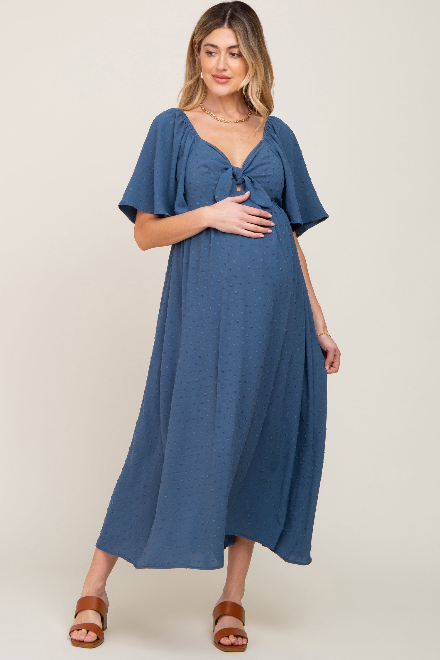 PinkBlush Navy Blue Textured Dot Front Tie Ruffle Sleeve Maternity Midi DressEveretts Place