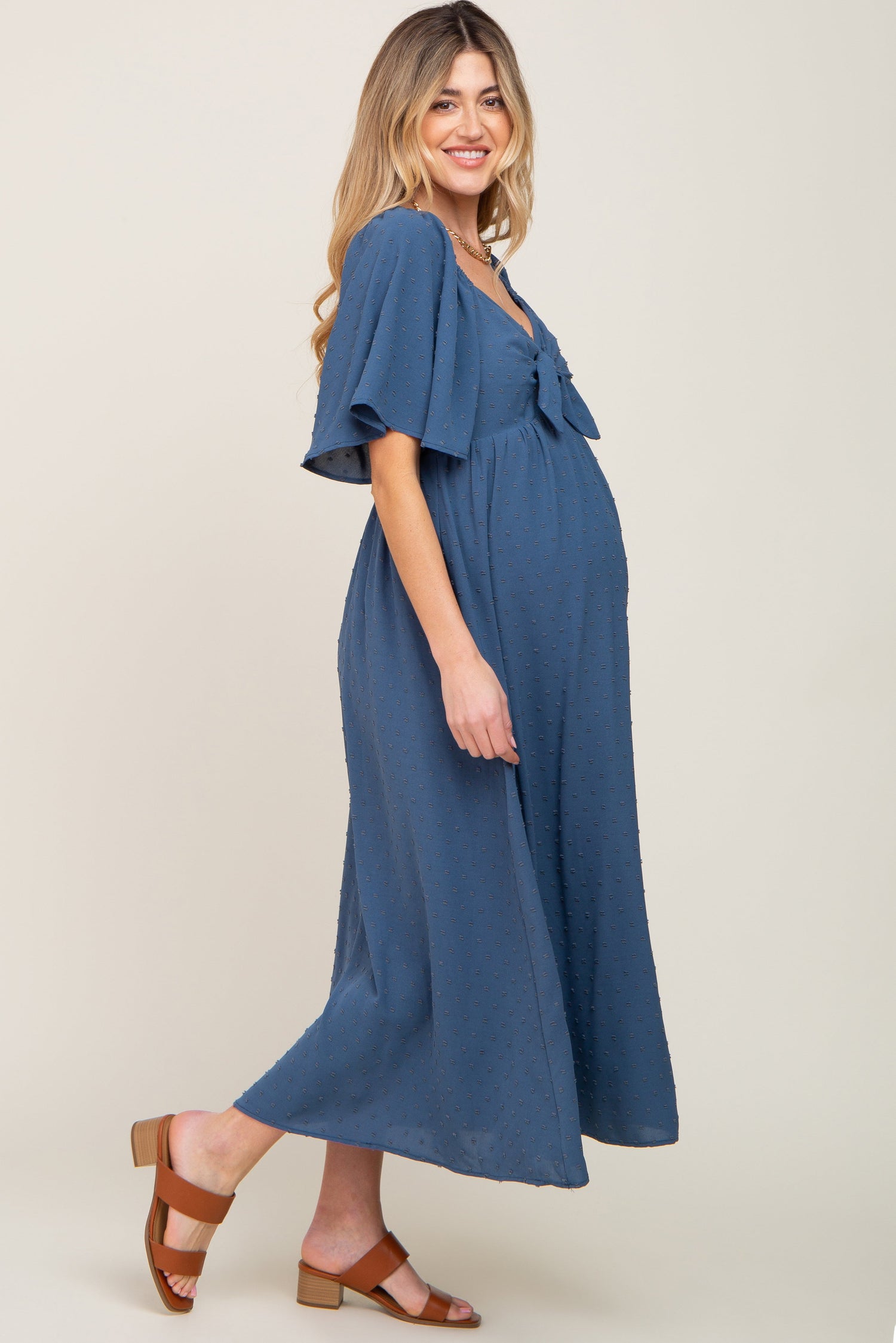PinkBlush Navy Blue Textured Dot Front Tie Ruffle Sleeve Maternity Midi DressEveretts Place