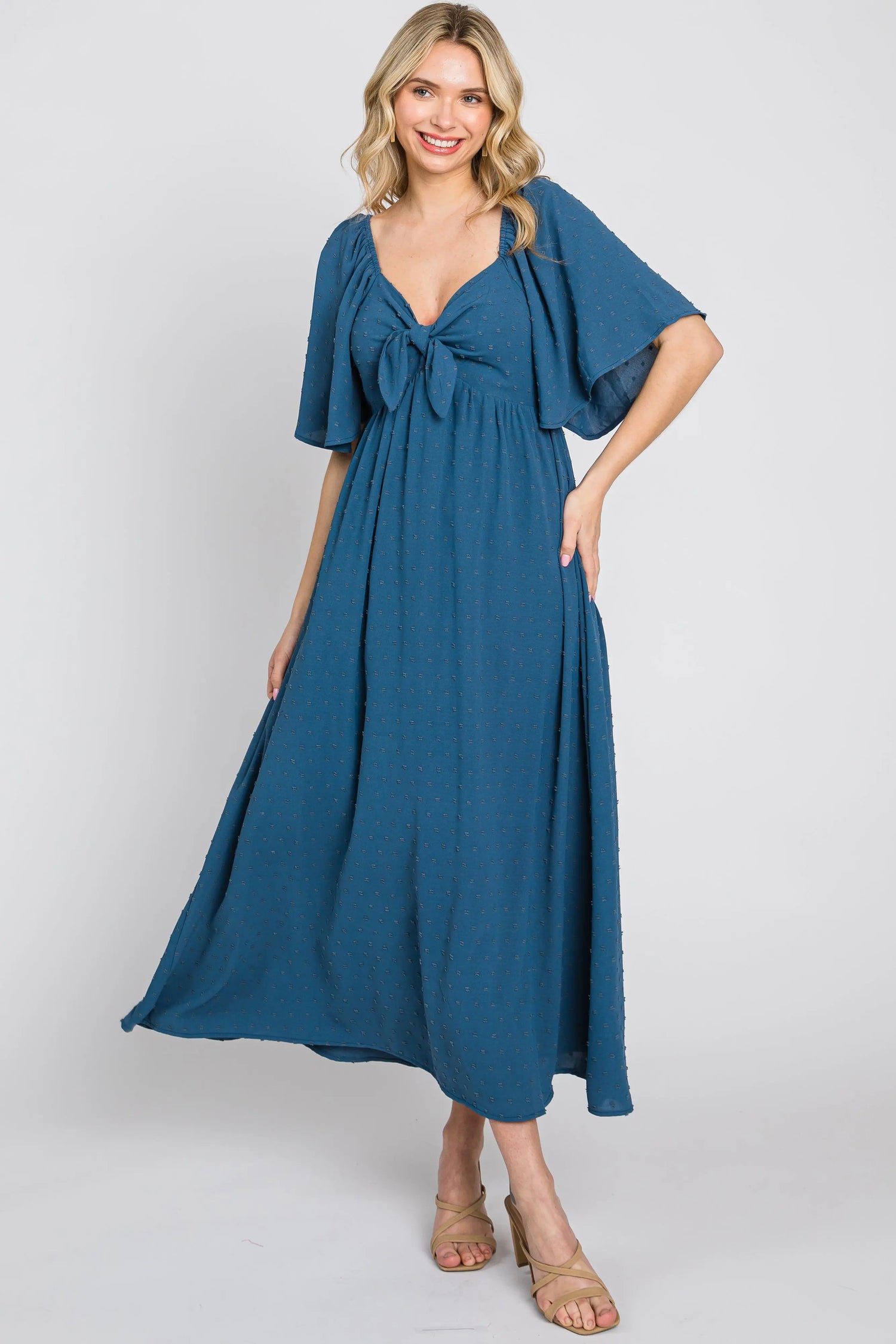 PinkBlush Navy Blue Textured Dot Front Tie Ruffle Sleeve Midi Dress - 