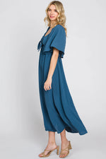 PinkBlush Navy Blue Textured Dot Front Tie Ruffle Sleeve Midi Dress - 