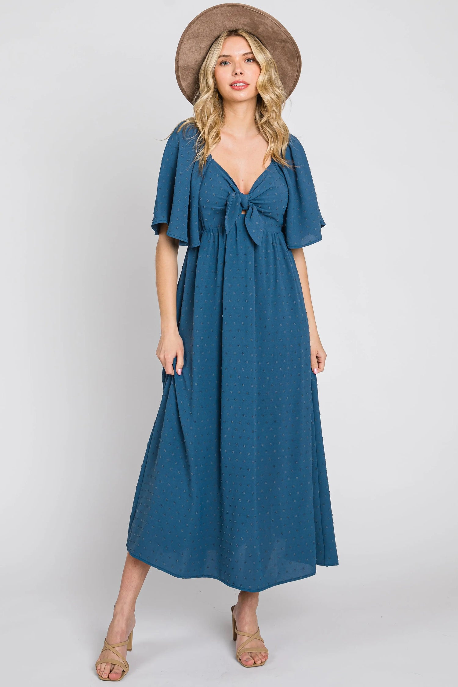 PinkBlush Navy Blue Textured Dot Front Tie Ruffle Sleeve Midi Dress - 