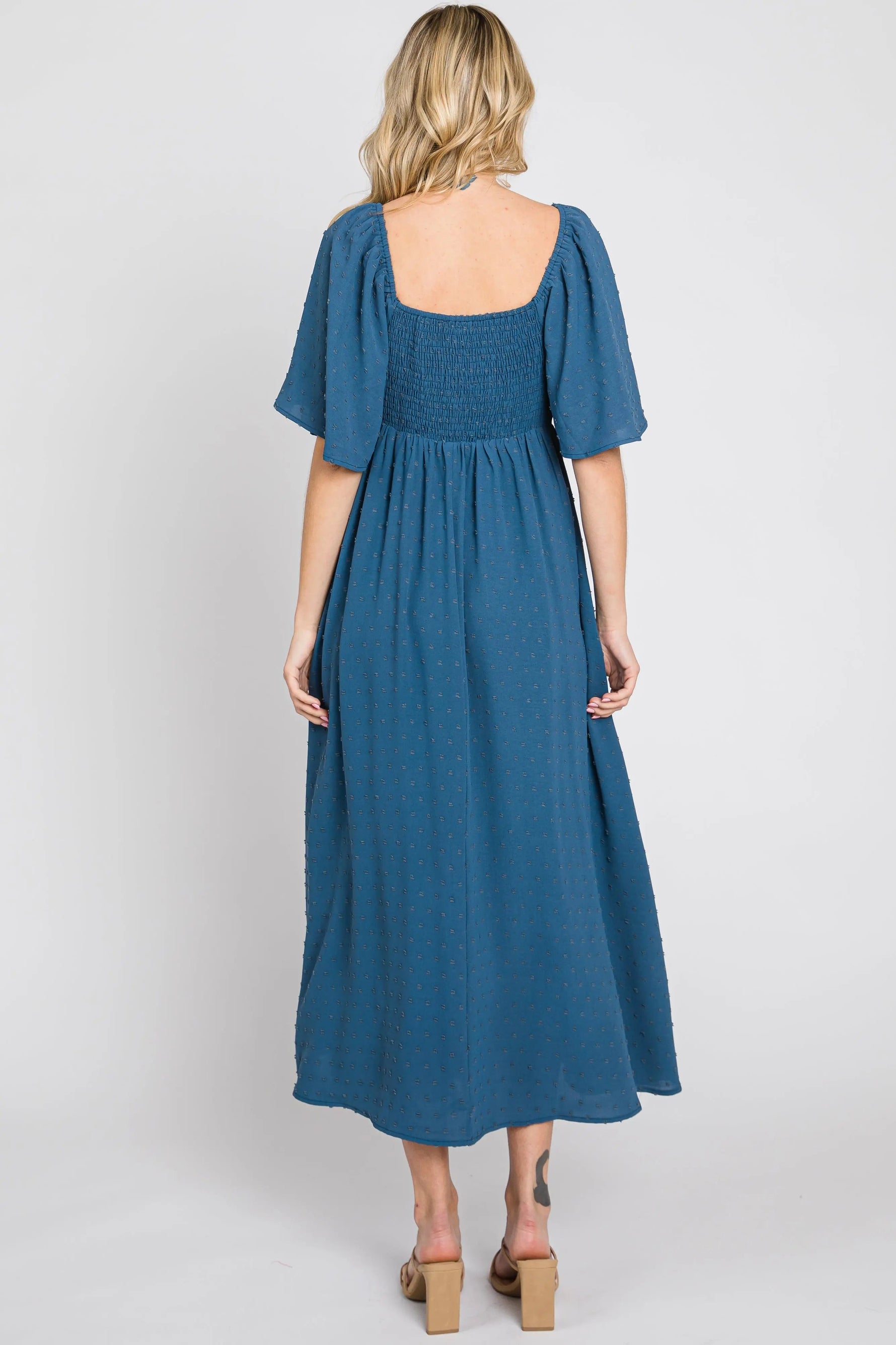PinkBlush Navy Blue Textured Dot Front Tie Ruffle Sleeve Midi Dress - 