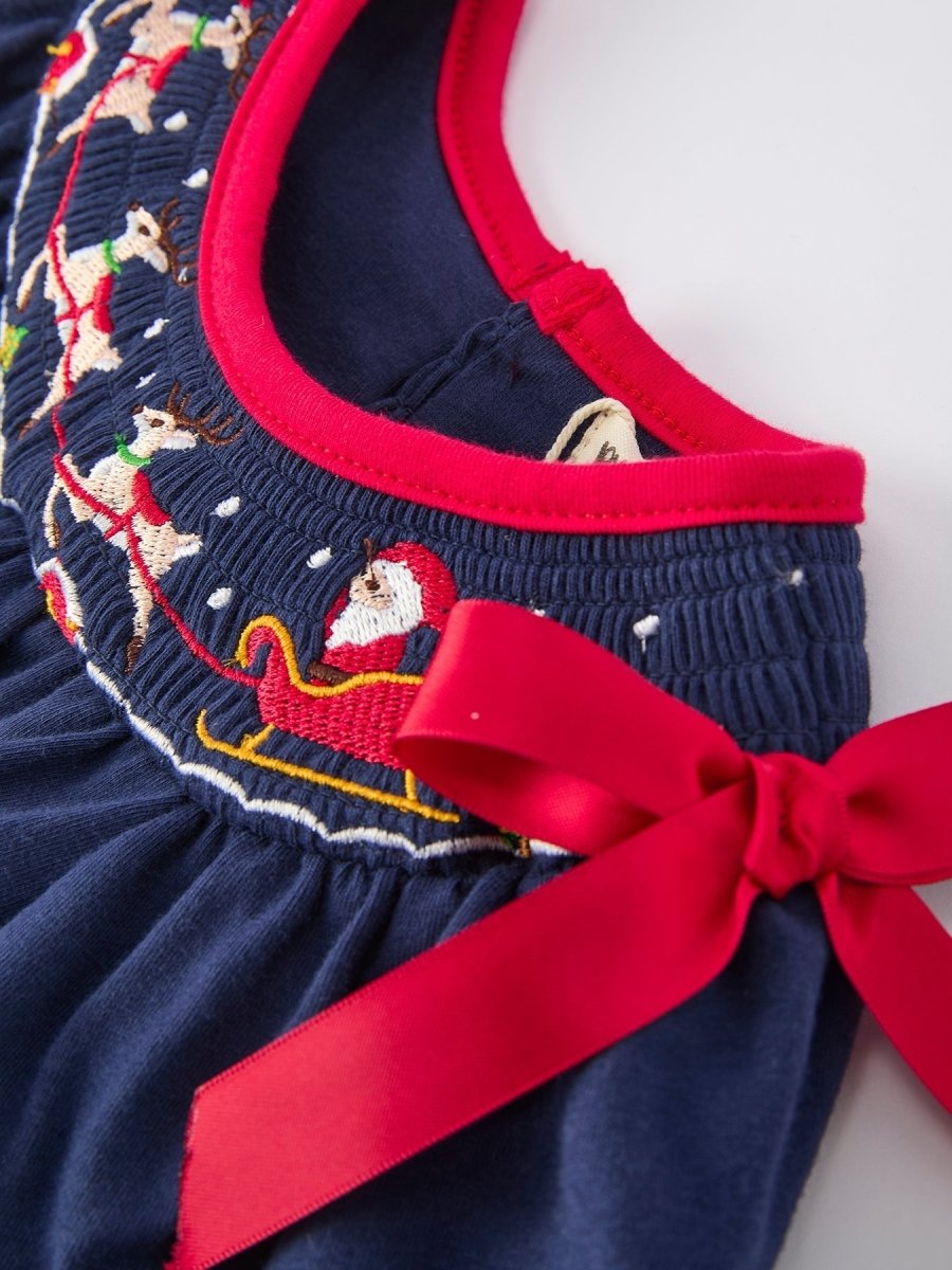 Rylee Faith Designs Navy Christmas Baby Girls Romper With Santa Sleigh Design - 