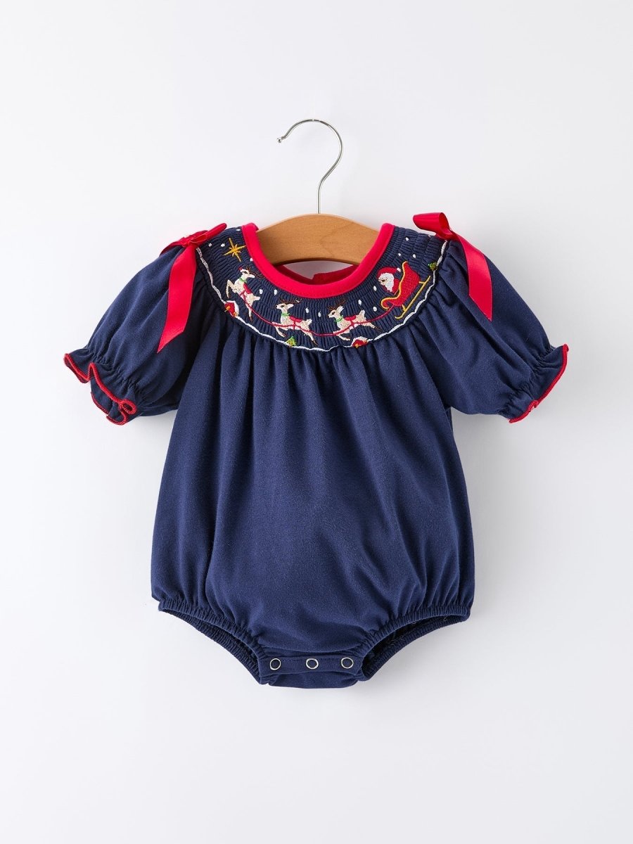 Rylee Faith Designs Navy Christmas Baby Girls Romper With Santa Sleigh Design - 