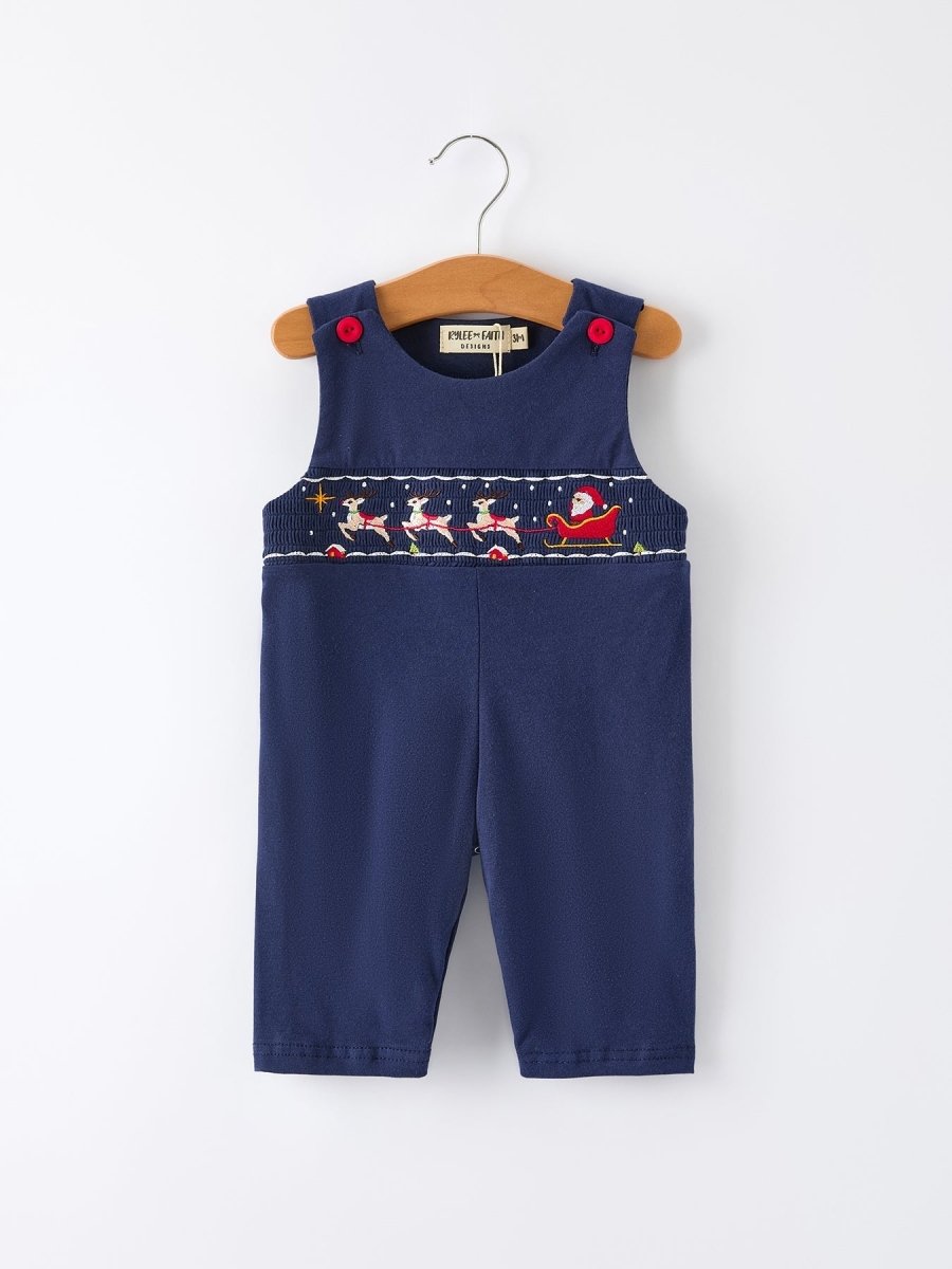 Rylee Faith Designs Navy Christmas Santa Sleigh Baby Romper for Boys Cozy - Everetts Place Boutique - 