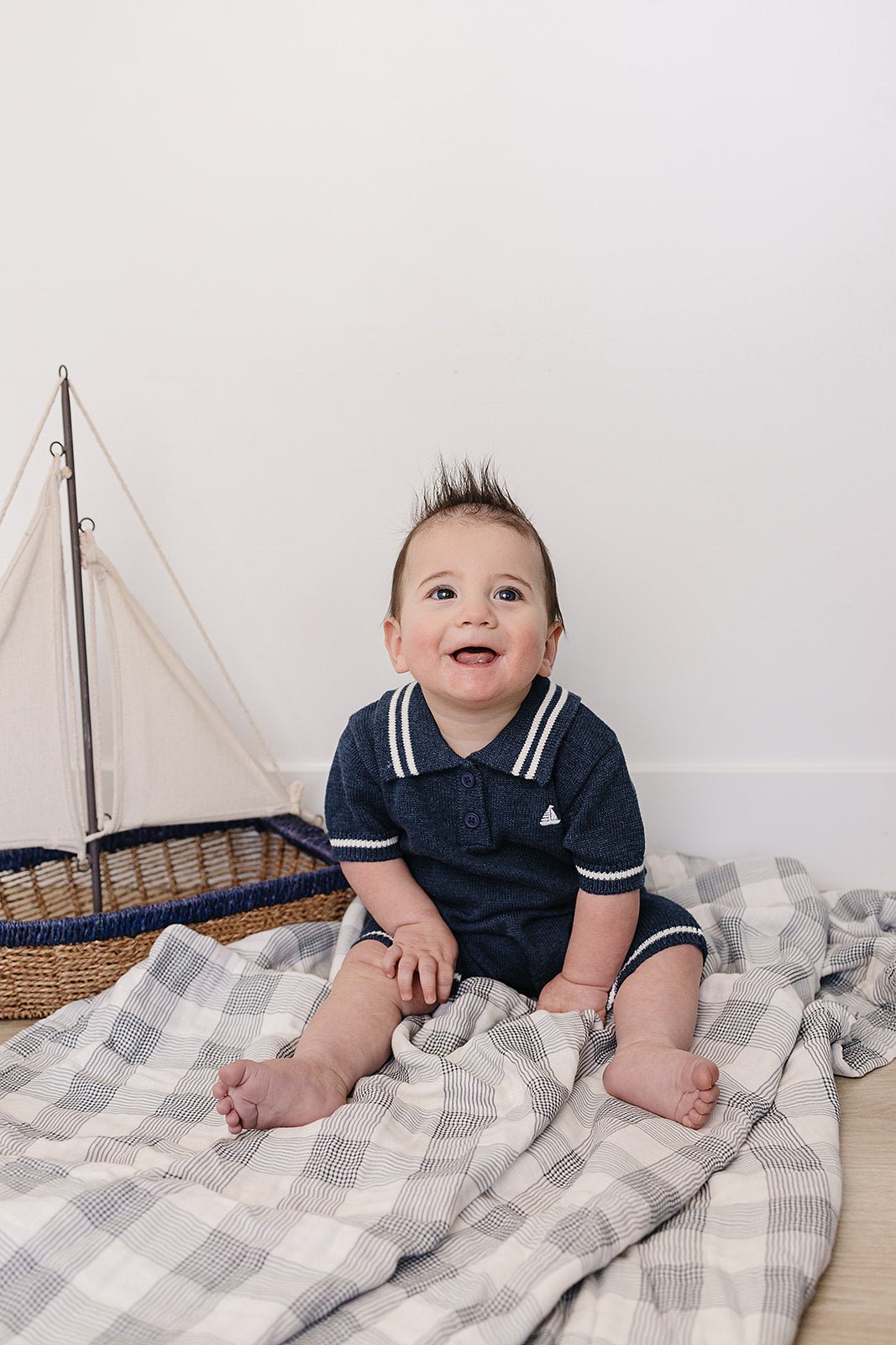 Mebie Baby Navy Collared Embroidered Sailboat Knit Short Romper For Babies - 