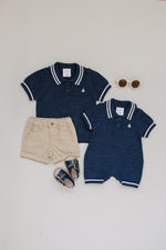 Mebie Baby Navy Collared Embroidered Sailboat Knit Short Romper For Babies - 