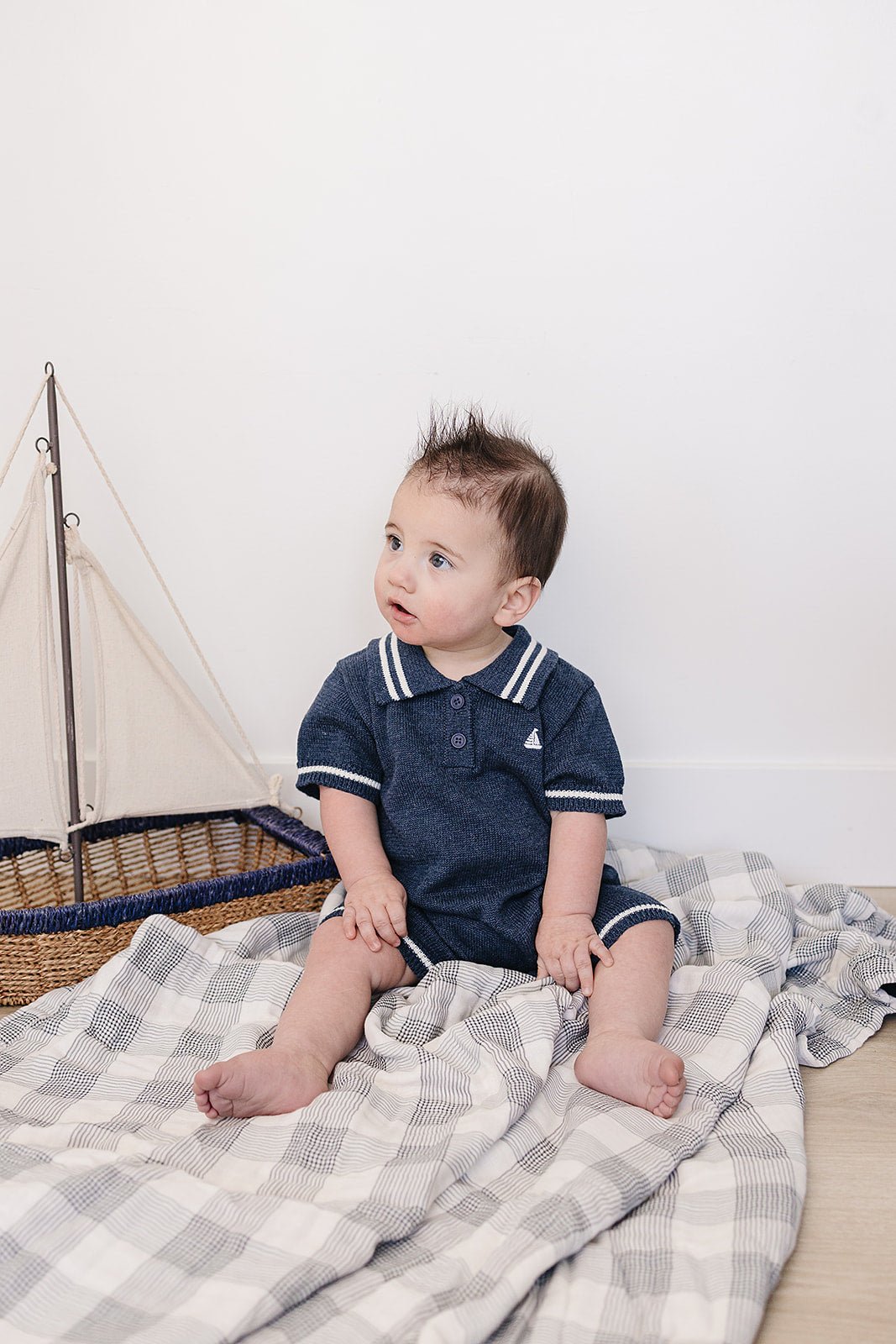 Mebie Baby Navy Collared Embroidered Sailboat Knit Short Romper For Babies - 