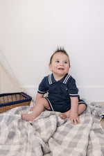 Mebie Baby Navy Collared Embroidered Sailboat Knit Short Romper For Babies - 