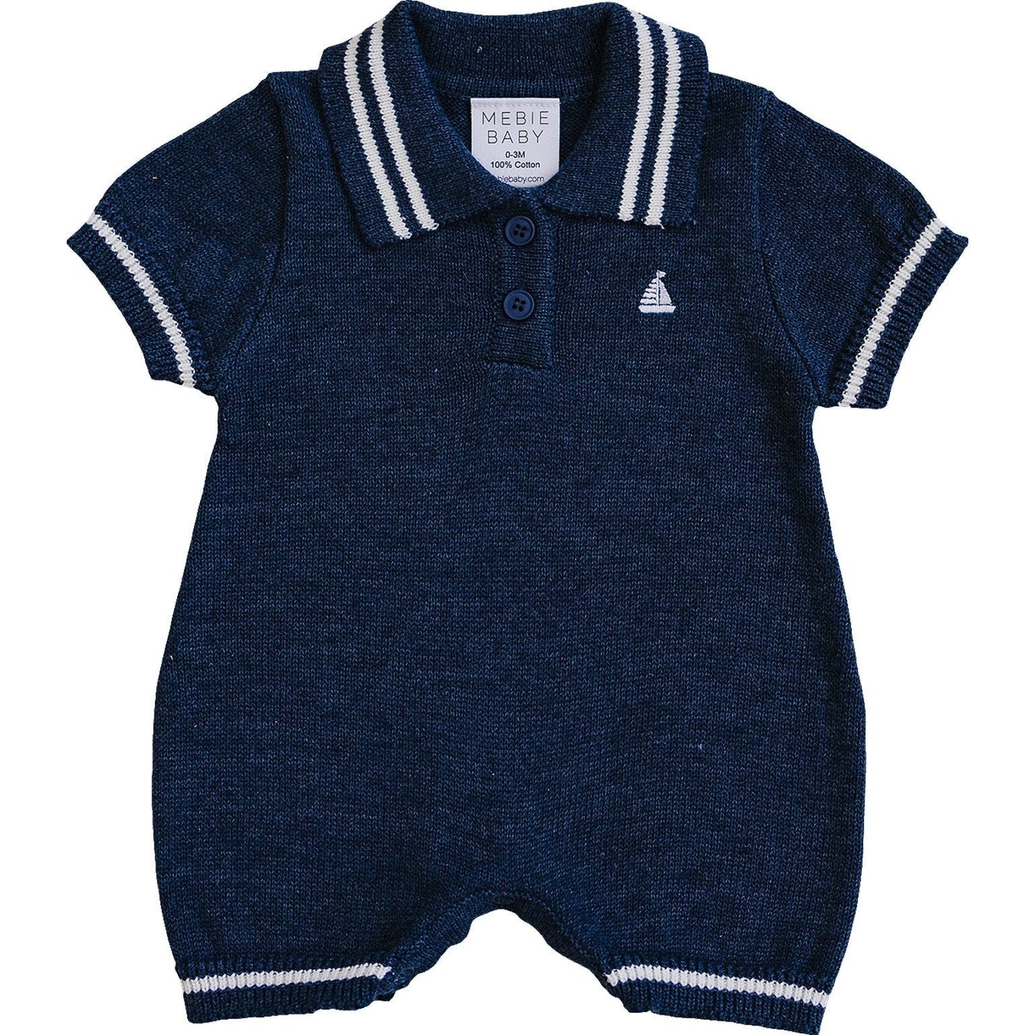 Mebie Baby Navy Collared Embroidered Sailboat Knit Short Romper For Babies - 