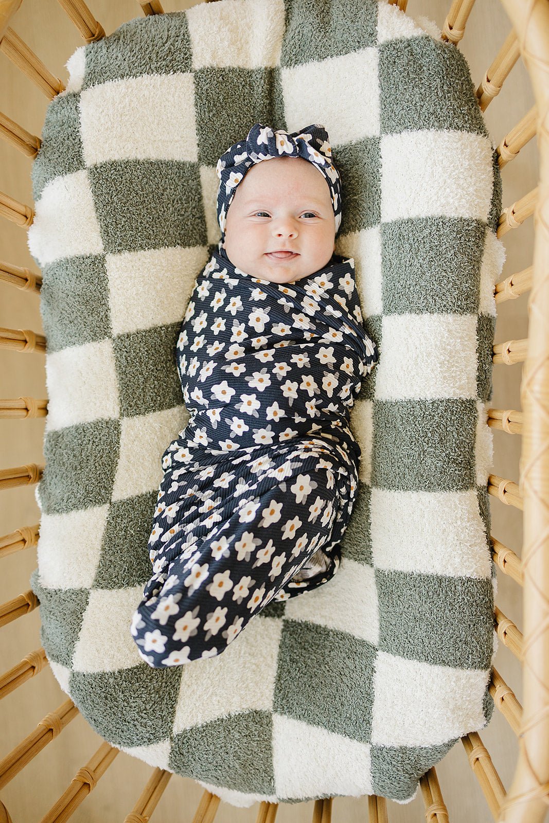 Mebie Baby Navy Daisy Bamboo Stretch Swaddle for Babies by Mebie Baby - 