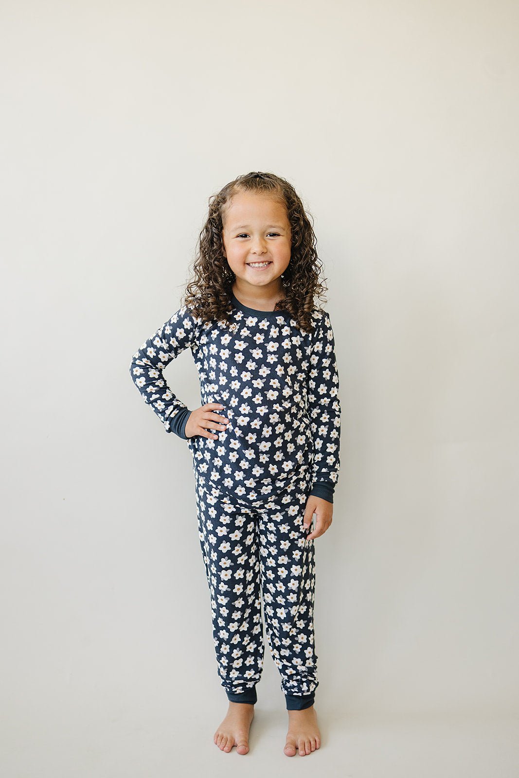 Mebie Baby Navy Daisy Ribbed Bamboo Cozy Sleepwear Set For Babies And Toddlers - 