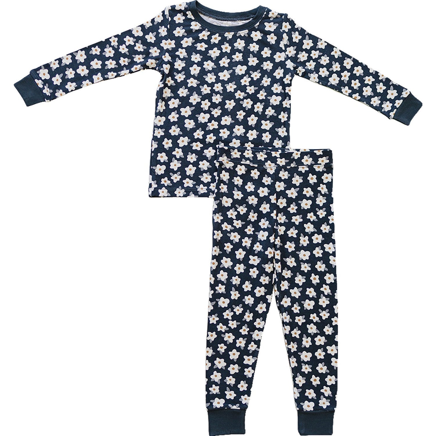 Mebie Baby Navy Daisy Ribbed Bamboo Cozy Sleepwear Set For Babies And Toddlers - 