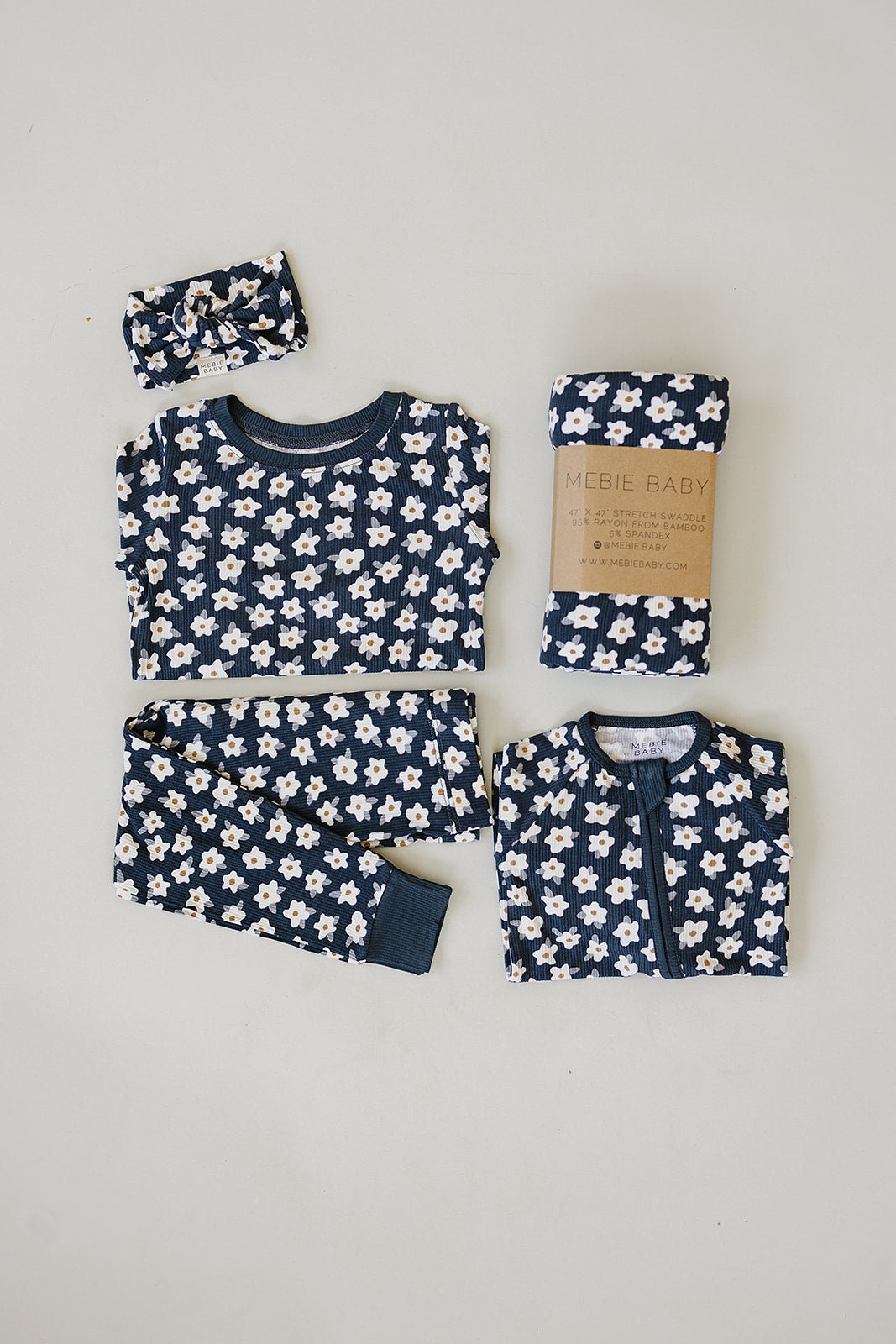 Mebie Baby Navy Daisy Ribbed Bamboo Cozy Sleepwear Set For Babies And Toddlers - 