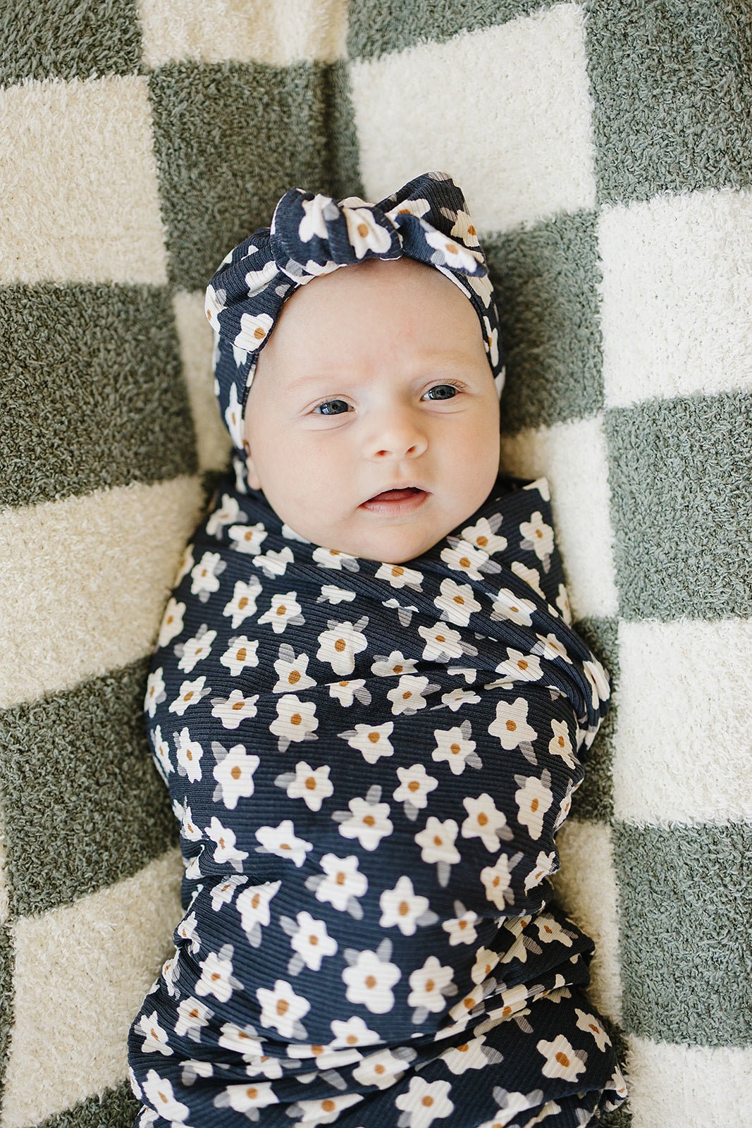 Mebie Baby Navy Daisy Ribbed Bamboo Head Wrap - 