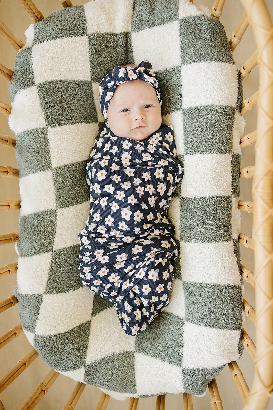 Mebie Baby Navy Daisy Ribbed Bamboo Head Wrap - 