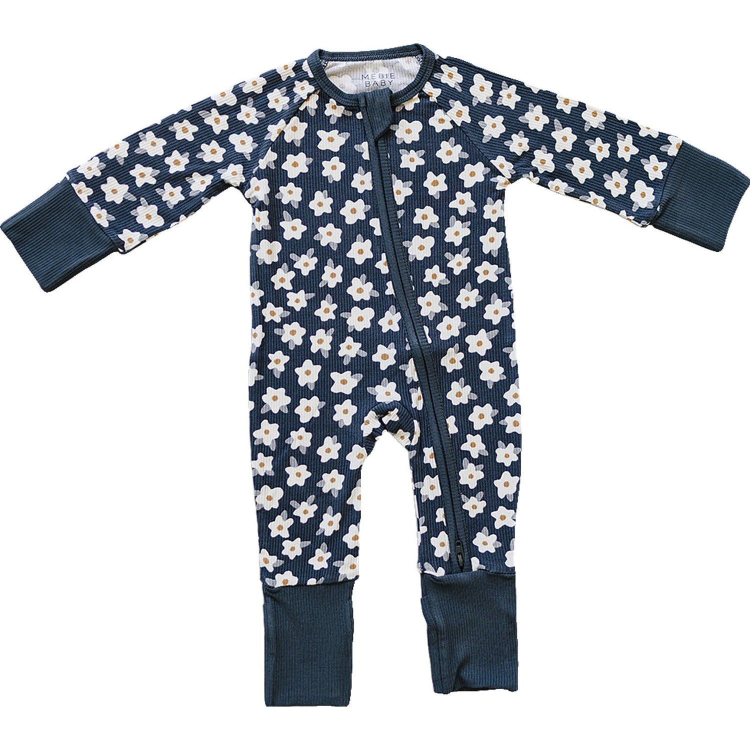 Ribbed bamboo footed zipper pajamas in navy with a small daisy print, showing the full-length front zipper.