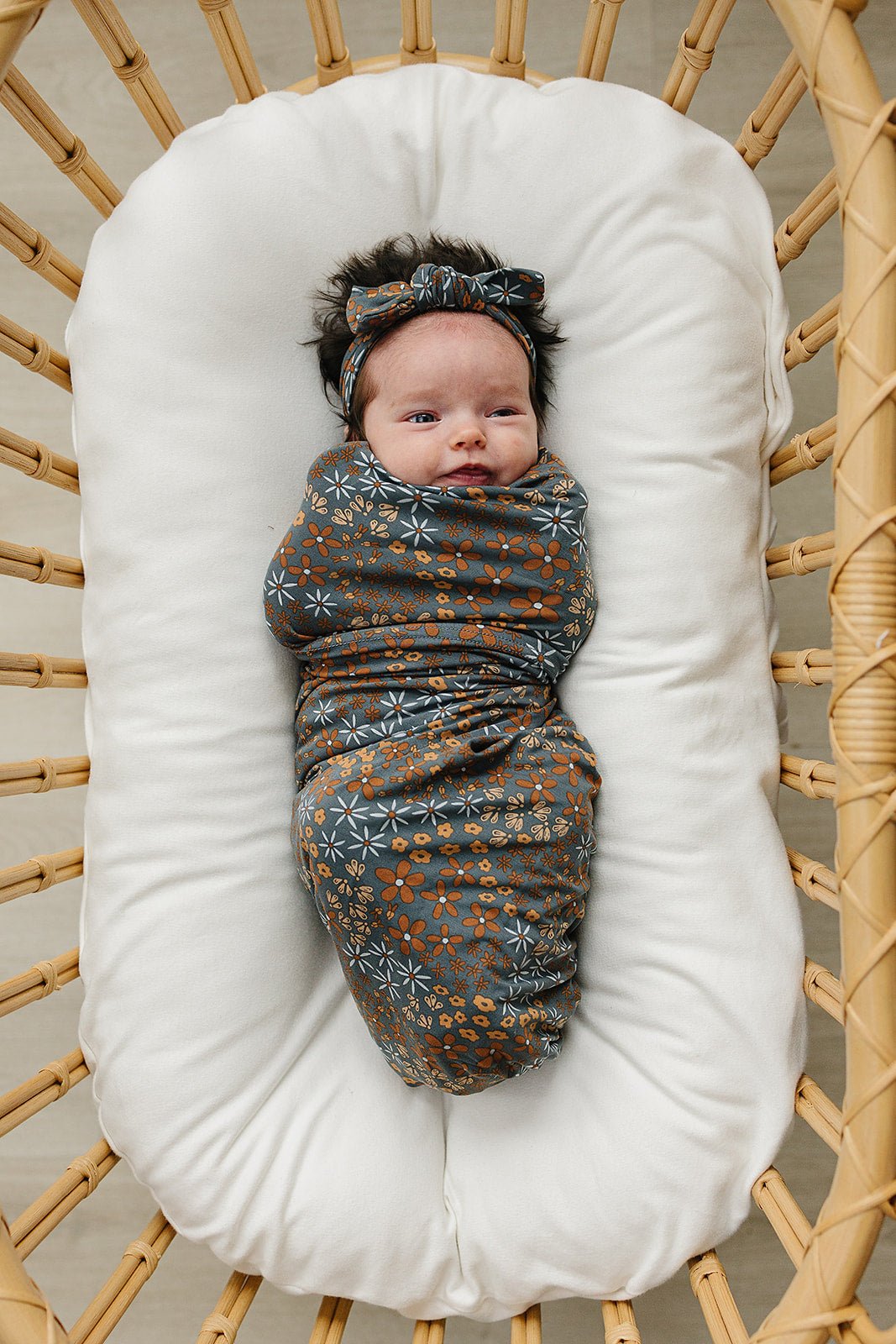 Mebie Baby Navy Floral Bamboo Head Wrap For Babies Soft Stretchy Comfort - 
