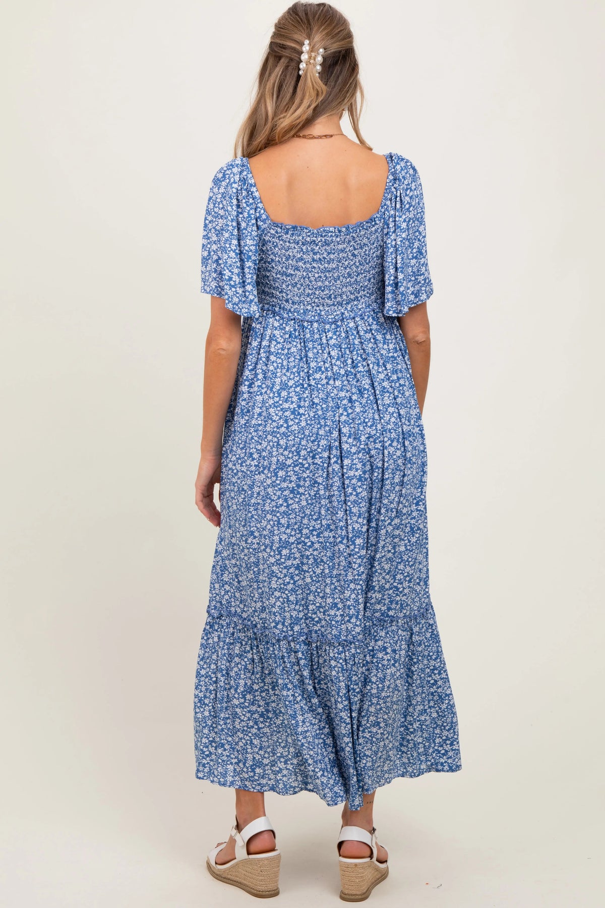 Navy Floral Button Front Maternity Midi Dress PinkBlush 