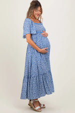 Navy Floral Button Front Maternity Midi Dress PinkBlush 