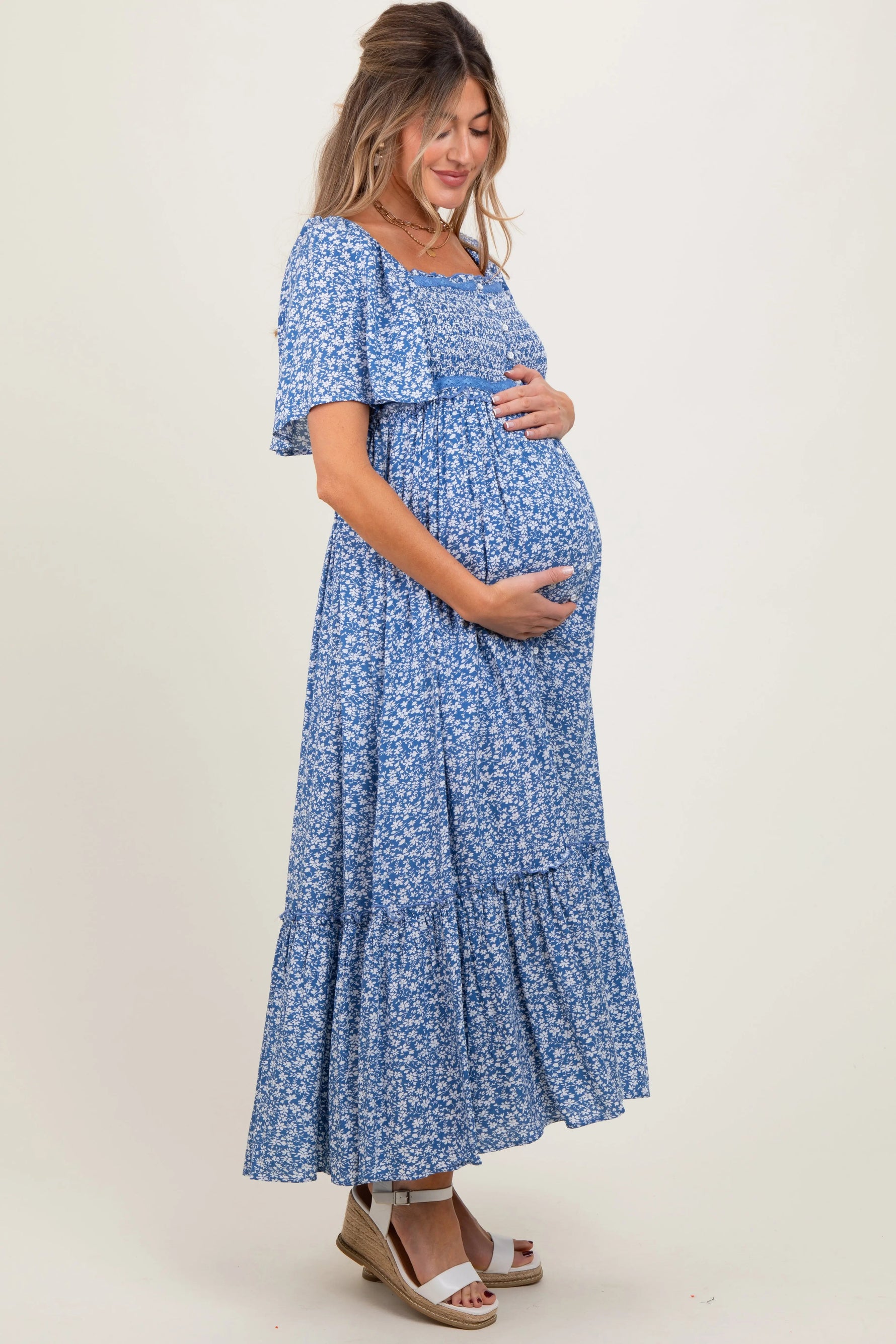 Navy Floral Button Front Maternity Midi Dress PinkBlush 