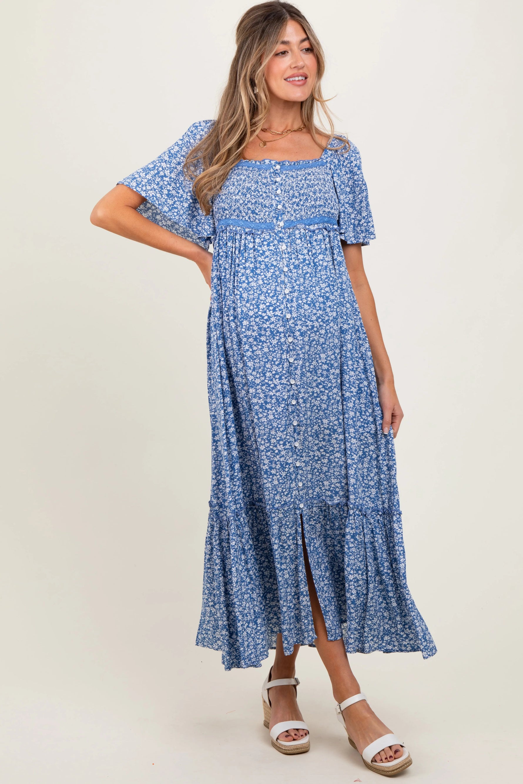 Navy Floral Button Front Maternity Midi Dress PinkBlush 